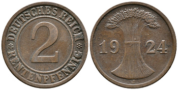 ГЕРМАНИЯ 2 РЕНТЕНПФЕННИГА 1924 J KM 31, J. 307 бронза 24-633