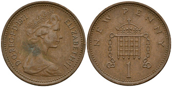 Великобритания 1 пенни 1971 Елизавета II (1952-2022) KM 915, Spink 4237 (B1) бронза 4152-415