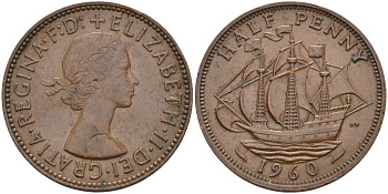 Великобритания 1/2 пенни 1960 Елизавета II (1952-2022) KM 896, Spink 4158 бронза 4126-755