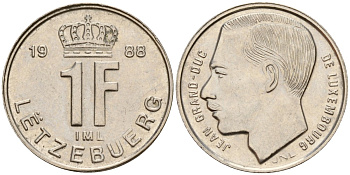 Люксембург 1 франк 1988 KM 63 сталь плакированная никелем 4597-1145