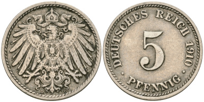 Германия 5 пфеннигов 1910 D, KM 11, J. 12 медно-никель 4608-935