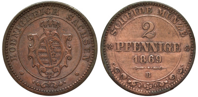Саксония 2 пфеннига 1869 В, Иоганн (1854-1873) KM 1217, Jaeger 121, AKS 155 медь 75-1014