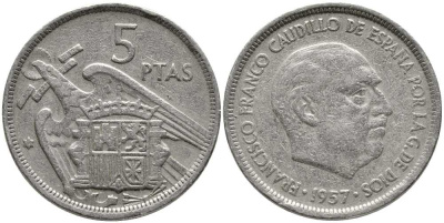 ИСПАНИЯ 5 ПЕСЕТ 1957 (58) ФРАНСИСКО ФРАНКО ДИКТАТОР ИСПАНИИ (1939-1975) KM 786 медно-никель 110-951