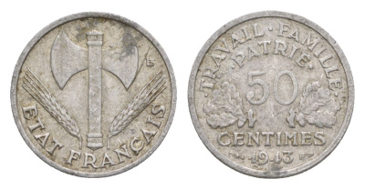 Франция 50 сантимов 1943 Тип Francisque, Lourde, правительство Виши KM 914.1, Le Franc 196.1 алюминий 4630-414