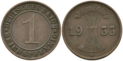 Германия 1 рейхспфенниг 1933 A KM 37, J. 313 бронза 4189-1168