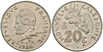 Французская Новая Каледония 20 франков 1986 три быка, (IEOM) KM 12, Schoen 14, Lec 112 никель 4123-331