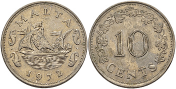 Мальта 10 центов 1972 баржа Великого магистра KM 11 медно-никель 82-343