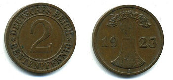 ГЕРМАНИЯ 2 РЕНТЕНПФЕННИГА 1923 J KM 31, J. 307 бронза 56-936