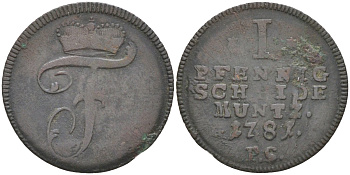Вальдек-Пирмонт 1 пфенниг 1781 PS, Фридрих Карл Август (1763-1812) KM 42a, Sch?n 33, Slg. Kayser 268 медь 187-1031