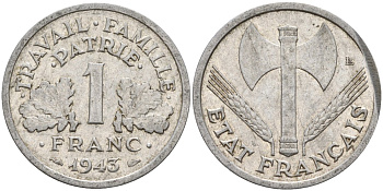 Франция 1 франк 1943 LB, тип Lourde, правительство Виши KM 902.1 алюминий 4142-922