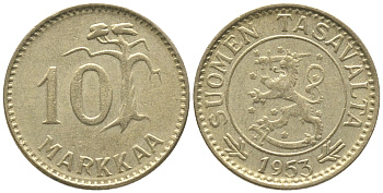 ФИНЛЯНДИЯ 10 МАРОК 1953 Н KM 38 алюминиевая бронза 100-1013