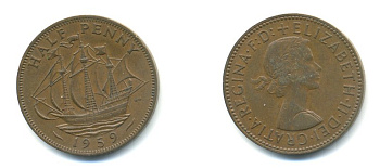 Великобритания 1/2 пенни 1959 Елизавета II (1952-2022) KM 896, Spink 4158 бронза 59-1114