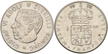 Швеция 1 крона 1972 U, Густав VI Адольф (1950-1973) KM 826а медь плакированная медно-никелем 4161-641