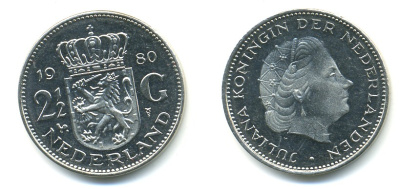 Нидерланды 2 1/2 гульдена 1980 Юлиана (1948-1980) KM 191 никель UNC 84-1325