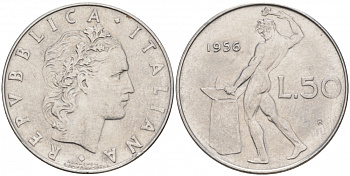 Италия 50 лир 1956 R, бог огня Вулкан у наковальни KM 95.1 нержавеющая сталь 73-333