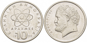 Греция 10 драхм 1990 Демокрит KM 132 медно-никель UNC 77-943