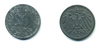 ГЕРМАНИЯ 10 ПФЕННИГОВ 1921 KM 26, J. 299 цинк 23-751