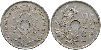 Бельгия 25 сантимов 1922 BELGIQUE KM 68.1 медно-никель 4171-651