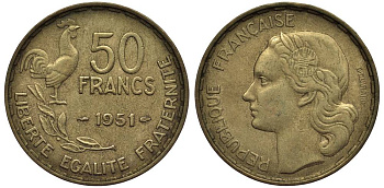 ФРАНЦИЯ 50 ФРАНКОВ 1951 ПЕТУХ KM 918.1, LE FRANC 425.5 алюминиевая бронза 27-841