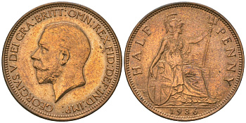 Великобритания 1/2 пенни 1936 Георг V (1910-1936) KM 837, Spink 4058 бронза aUNC 4163-1044