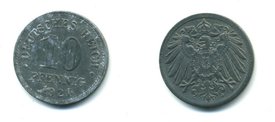 ГЕРМАНИЯ 10 ПФЕННИГОВ 1921 KM 26, J. 299 цинк 23-751