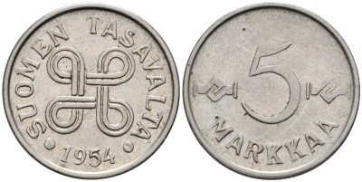 Финляндия 5 марок 1954 KM 37а никелированное железо 4585-926