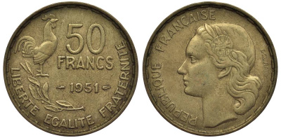 ФРАНЦИЯ 50 ФРАНКОВ 1951 ПЕТУХ KM 918.1, LE FRANC 425.5 алюминиевая бронза 27-841