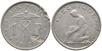 Бельгия 1 франк 1923 Belgique, Альберт I (1909-1934) KM 89 никель 4364-3534