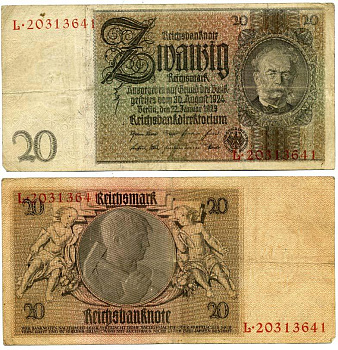 ГЕРМАНИЯ 20 РЕЙХСМАРОК 1929 Pick 181a бумага 3295-77-3