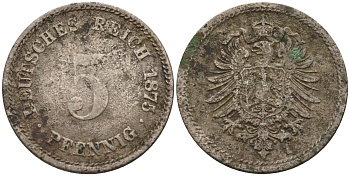 Германия 5 пфеннигов 1875 A, старогербовка KM 3, J. 3 медно-никель 4151-354
