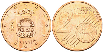 Латвия 2 евроцента 2014 KM 151 сталь плакированная медью UNC 4608-923