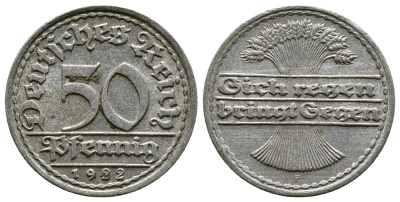 ГЕРМАНИЯ 50 ПФЕННИГОВ 1922 F KM 27, J. 301, Weege 10 алюминий 4380-912