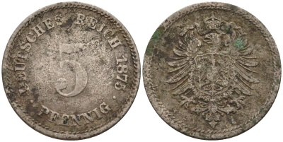 Германия 5 пфеннигов 1875 A, старогербовка KM 3, J. 3 медно-никель 4151-354