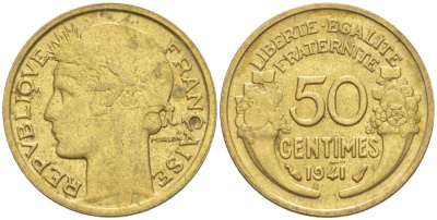ФРАНЦИЯ 50 САНТИМОВ 1941 ТИП MORLON KM 894.1, LE FRANC 192.18 алюминиевая бронза 44-521