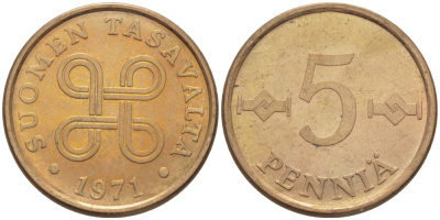 ФИНЛЯНДИЯ 5 ПЕННИ 1971 KM 45 медь 100-163