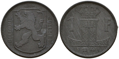 Бельгия 1 франк 1941 Belgie KM 127 цинк 4601-636