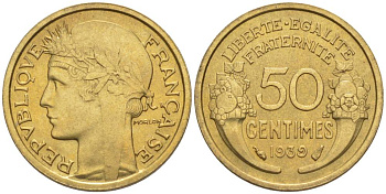 ФРАНЦИЯ 50 САНТИМОВ 1939 ТИП MORLON KM 894.1, LE FRANC 192.15 алюминиевая бронза 44-844