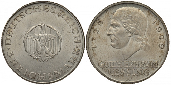 Германия 3 марки 1929 A, 200 лет со дня рождения Лессинга J. 335, KM 60 серебро aUNC 00-809-13