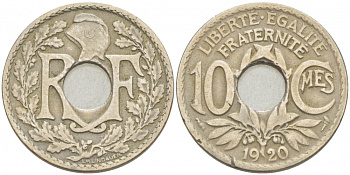 ФРАНЦИЯ 10 САНТИМОВ 1920 ТИП ЛИНДАЙЁ KM 866a медно-никель 4402-933
