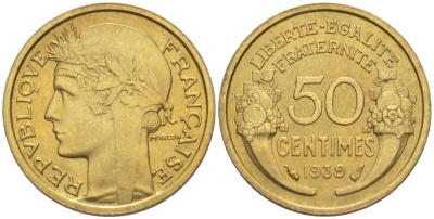 ФРАНЦИЯ 50 САНТИМОВ 1939 ТИП MORLON KM 894.1, LE FRANC 192.15 алюминиевая бронза 44-844