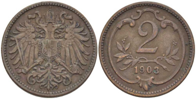 АВСТРИЯ 2 ГЕЛЛЕРА 1903 ФРАНЦ ИОСИФ (1846-1918) KM 2801 бронза 201-954