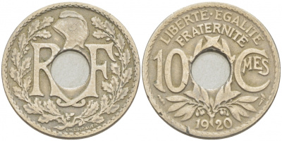 ФРАНЦИЯ 10 САНТИМОВ 1920 ТИП ЛИНДАЙЁ KM 866a медно-никель 4402-933