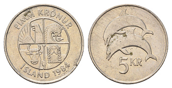 Исландия 5 крон 1984 дельфины KM 28 медно-никель 4591-934