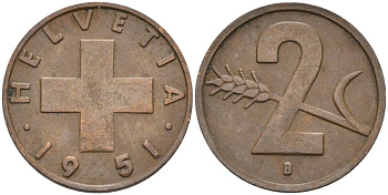 Швейцария 2 раппена 1951 В KM 47 бронза 4591-1117