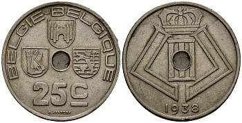 Бельгия 25 сантимов 1938 Belgique - Belgie KM 114 никель латунь 4117-1121
