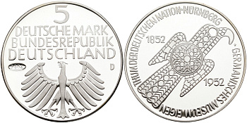 Германия медаль 2004 5 марок 1952 года, 100 лет Германскому музею в Нюрнберге серебро PROOF 00-00