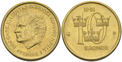 Швеция 10 крон 1991 Карл XVI Густав (1973- ) KM 877 нордик 183-1241
