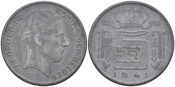 БЕЛЬГИЯ 5 ФРАНКОВ 1941 BELGEN, ГЕРМАНСКАЯ ОККУПАЦИЯ , ВТОРАЯ МИРОВАЯ ВОЙНА KM 130 цинк 68-241