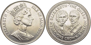 Остров Мэн 1 крона 1985 королева Елизавета (королева-мать), Елизавета и Георг V KM 217 медно-никель UNC 107-811