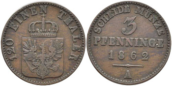 ПРУССИЯ 3 ПФЕННИГА 1862 А, ВИЛЬГЕЛЬМ I (1861-1888) KM 482 медь 117-1055